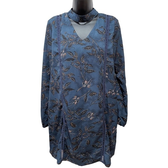Paper Crane Navy Floral Print Choker Shift Style Dress Long Sleeve Zip Back Med - Picture 1 of 13